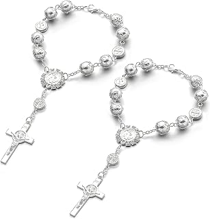 2 PCS Car Rosary for Rearview Mirror, Personalized Cross Blessing Rosary Beads Hanging Ornament, Auto Rear View Mirror Medal Cross Religious Charm Pendant for Women Men (Silver)