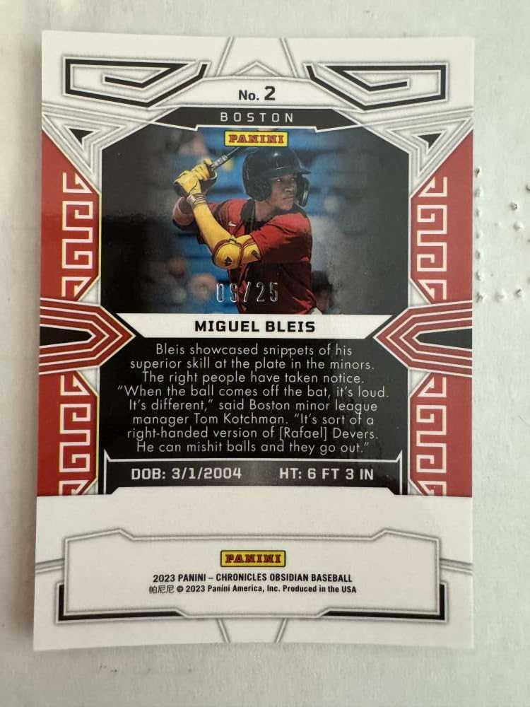 2023 Panini Chronicles Obsidian Electric Etch Purple #2 Miguel Bleis SER/25 Boston Red Sox Officail Baseball Card in Raw (NM or Better) Condition