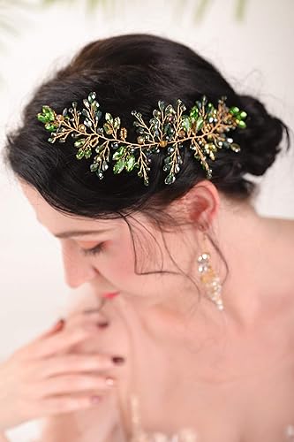 Miniatura 3 de Accesorio de pelo dorado hecho a mano para novia, diadema de diamantes de imitación esmeralda, diadema de cristal verde, bandas de pelo de boda