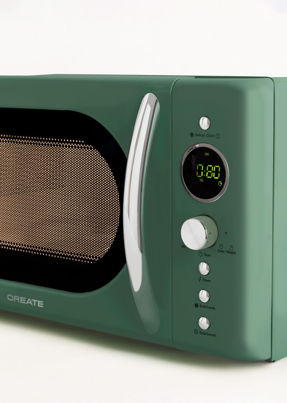 CREATE/MICROWAVE RETRO/Micro-ondes grill numérique vert sauge/Style rétro, capacité 20L, plateau Ø245 mm, 3 programmes, 9 menus préinstallés, cuisson en plusieurs étapes, écran LCD, 900W