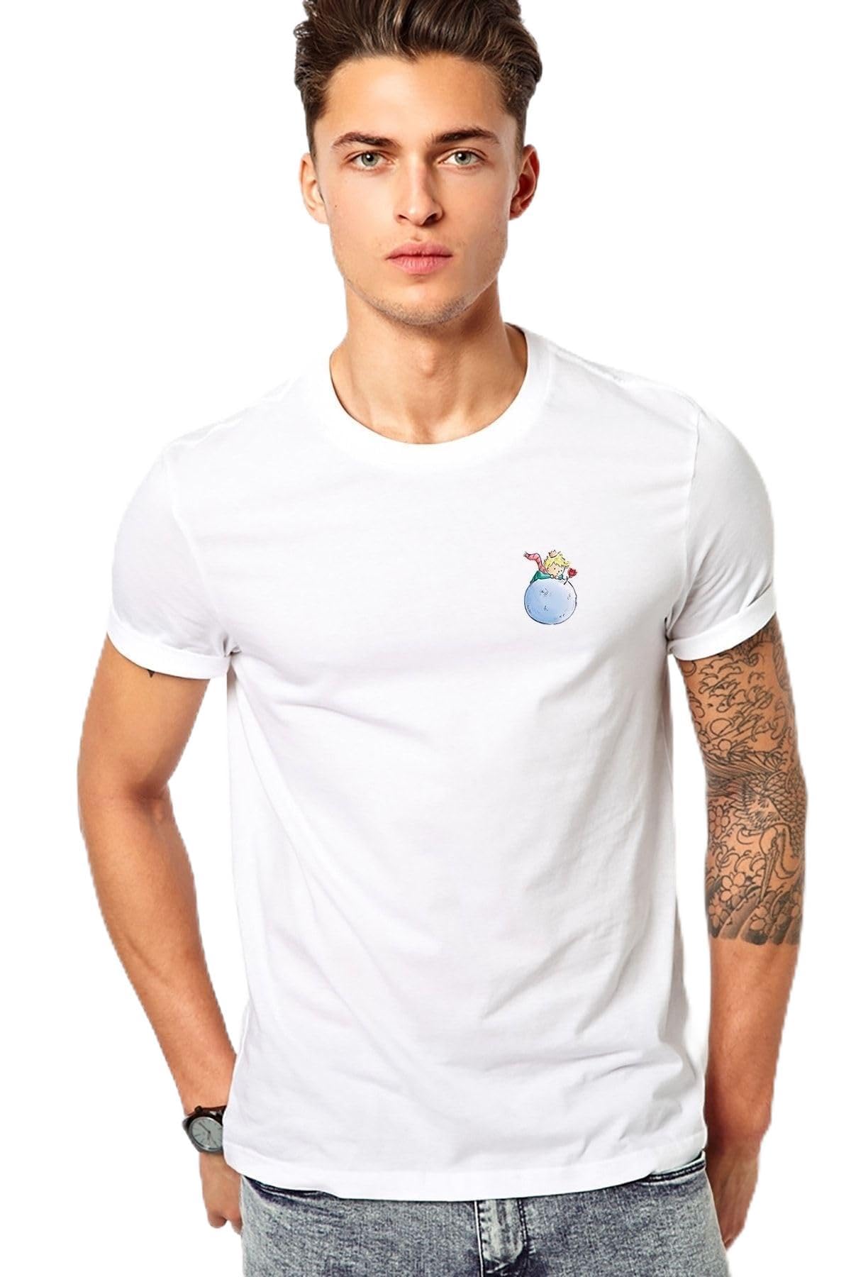 Qivi Küçük Prens Little Rose Gül Prince Baskılı Beyaz Erkek Örme Tshirt