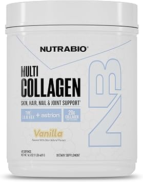 NutraBio Multi Collagen Powder- Hydrolyzed Collagen Peptides for Glowing Hair & Skin- Grass-Fed- Collagen Powder for Women and Men- 40 Servings- Vanilla