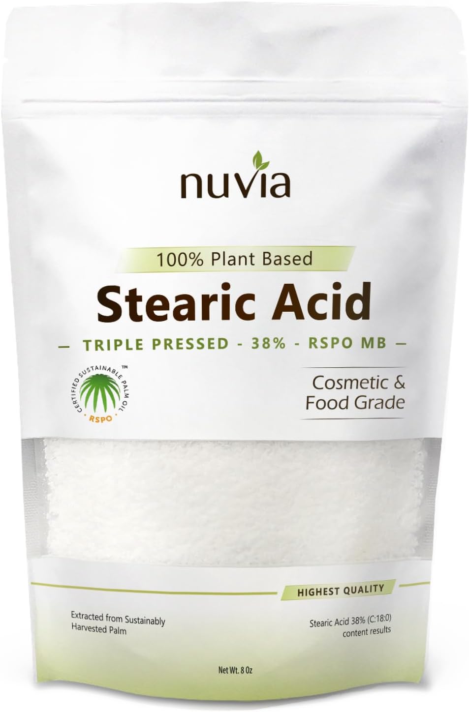Stearic Acid - 100% Plant Based, Food Grade, Triple Pressed, Certified Sustainable, by Nuvia Organics; 8oz