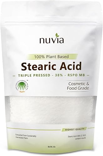 Ácido esteárico 100% a base de plantas, grado alimenticio, triple prensado, certificado sostenible, por Nuvia Organics; 8 onzas