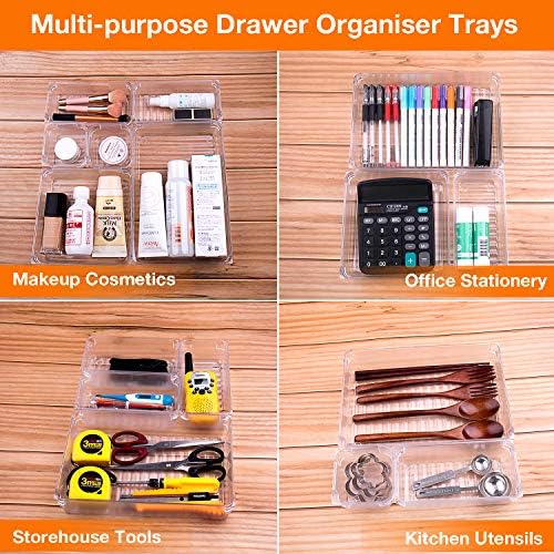Omew Desk Drawer Organisers, 7 Pcs Clear Drawer Organizer Trays Assorted 4-Size Drawer Dividers, Versatile Storage Boxes Makeup Organiser Set for Bedroom Dresser Bathroom Kitchen Office