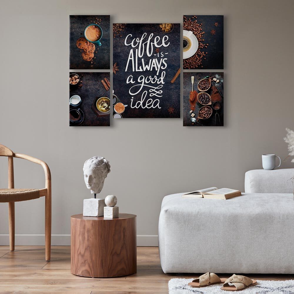decomonkey Quadri Moderni Cucina Caffè Coffee Always, 5 pezzi, 110x80 cm | Tela strutturata su telaio in legno, decorazione da parete, good, idea, tazza, marrone, nero, Quadro Stampa su Tela