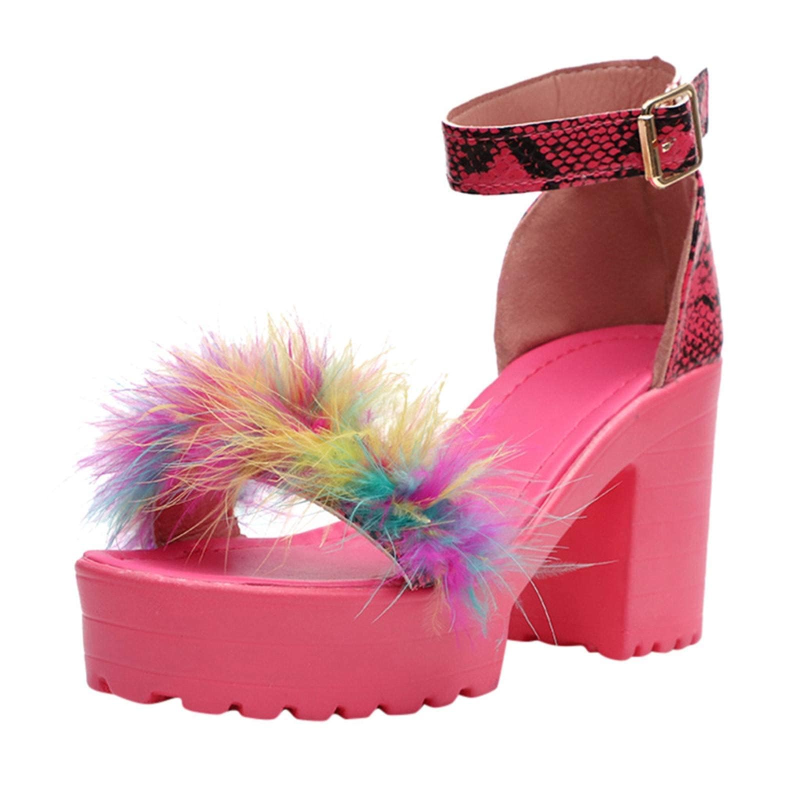 ZJWBB Heels for Women Sexy Womens Open Toe Ankle Strap Chunky Heel Sandals Shoes Fluffy Feather Slip On Ankle Strappy Sandals Ankle Strap Stiletto