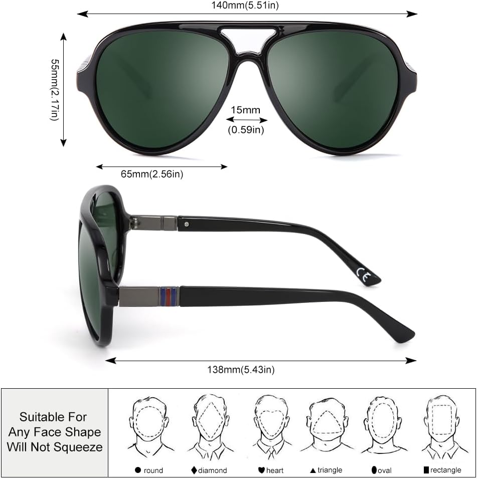 2 Pack Aviator Sunglasses For Men Polarized Lens Plastic Lightweight Double Bridge Frame UV Protection For Driving Matte Black Frame/Smoke Lens+Shiny Black Frame/G15 Lens - Image 2