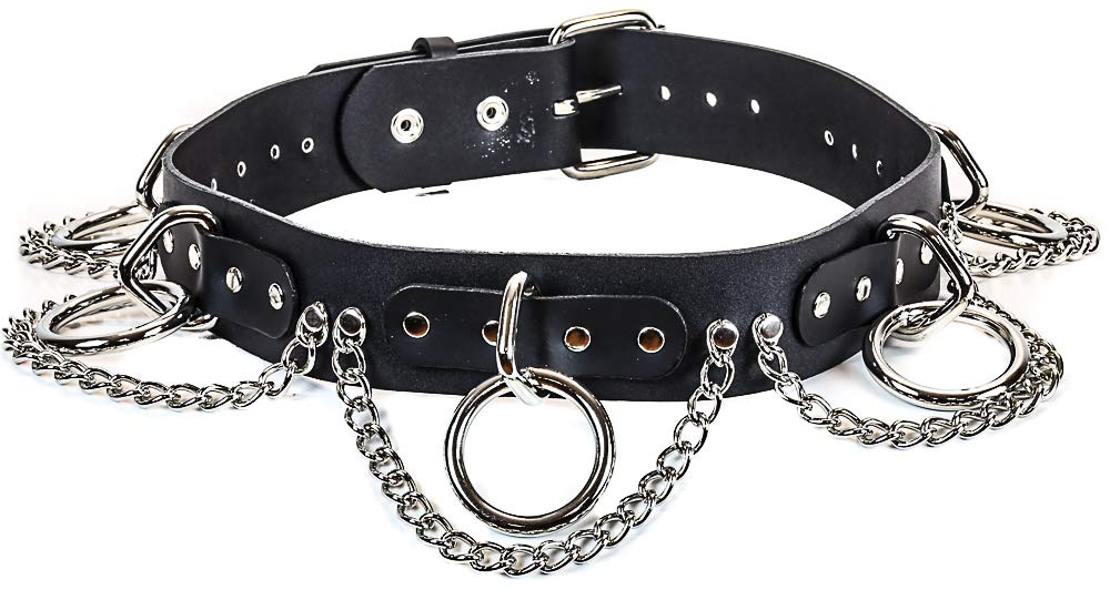 Chain Bondage Belt Genuine Black Leather Hanging Large Ring (34)