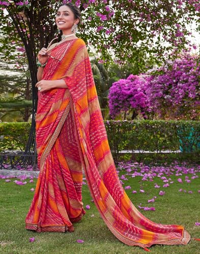 Image of SIRIL Women's Printed Chiffon Saree with Unstitched Blouse Piece