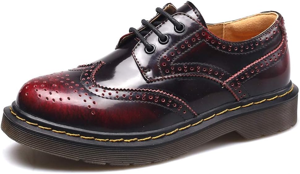 Womens Round-Toe Derby Lace-Up Flat Ladies Smooth Leather Patent Leather Oxfords Brogue Shoes