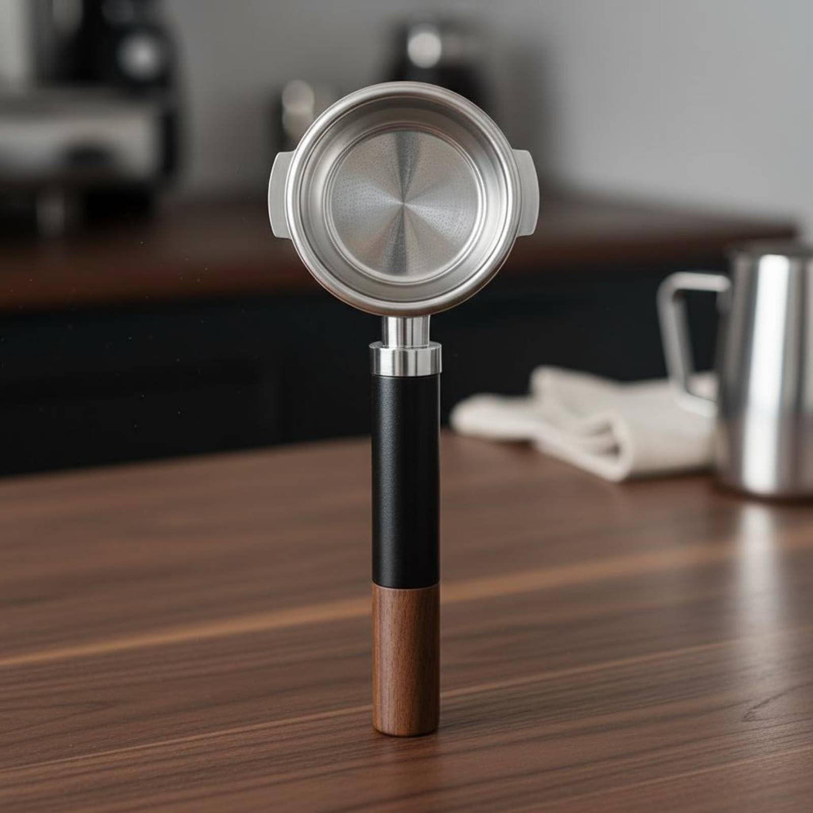Qianly Portafiltro sin Fondo y con Fondo 2 en 1 Accesorio Coffee Specialist Flujo Uniforme para Cafetera Espresso, Marrón, Nogal De Aluminio Empalmado