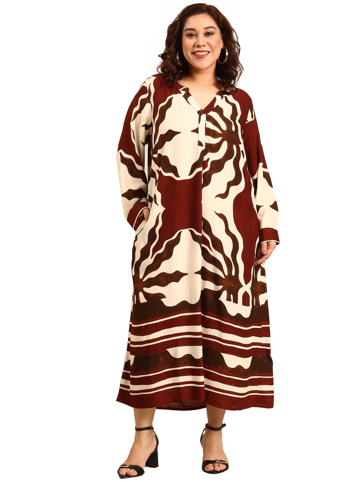 the pink moon Women's Plus Brown Abstract Printed Maxi Dress (DRS NIM19 BRWNABS)-picture-0
