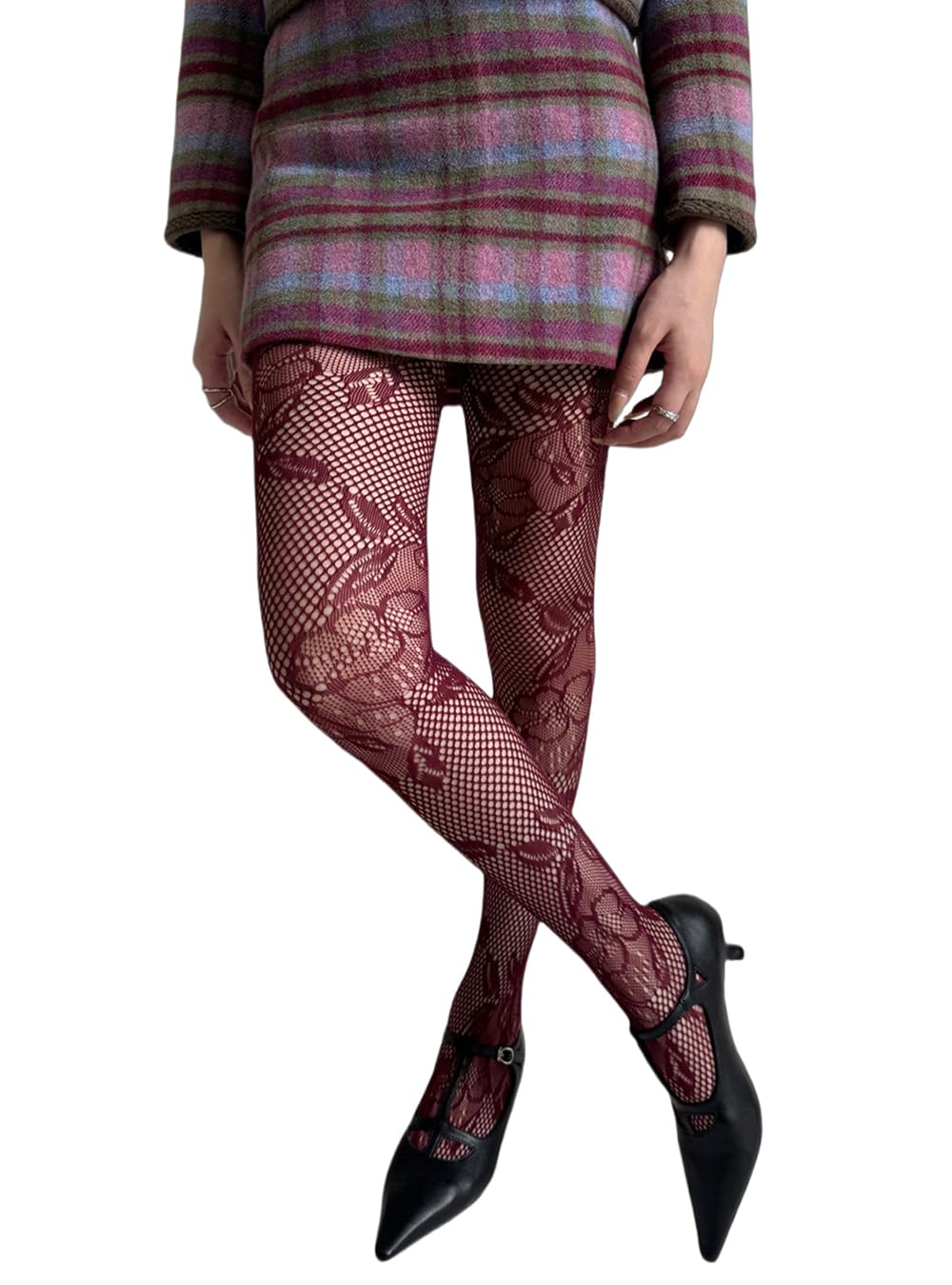 Feng Shui， Calze Collant con Motivo Floreale in Pizzo da Donna Collant Sexy a Rete in Pizzo Scavato