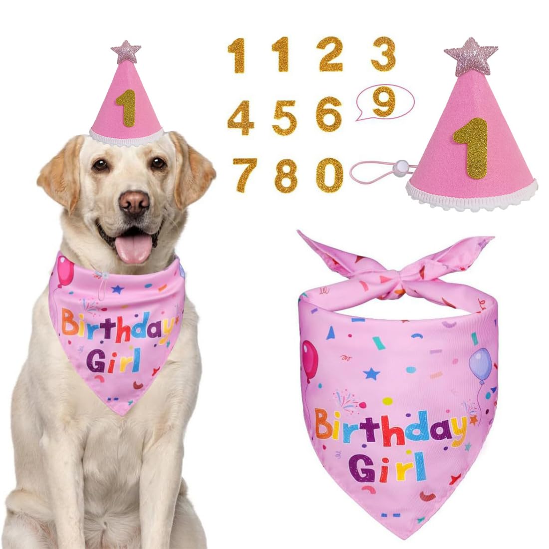 Set per feste di compleanno per cani per ragazzi e ragazze, accessori per il compleanno, bandana e cappello da compleanno, regalo e decorazione per cani di taglia media e grande,Rosa