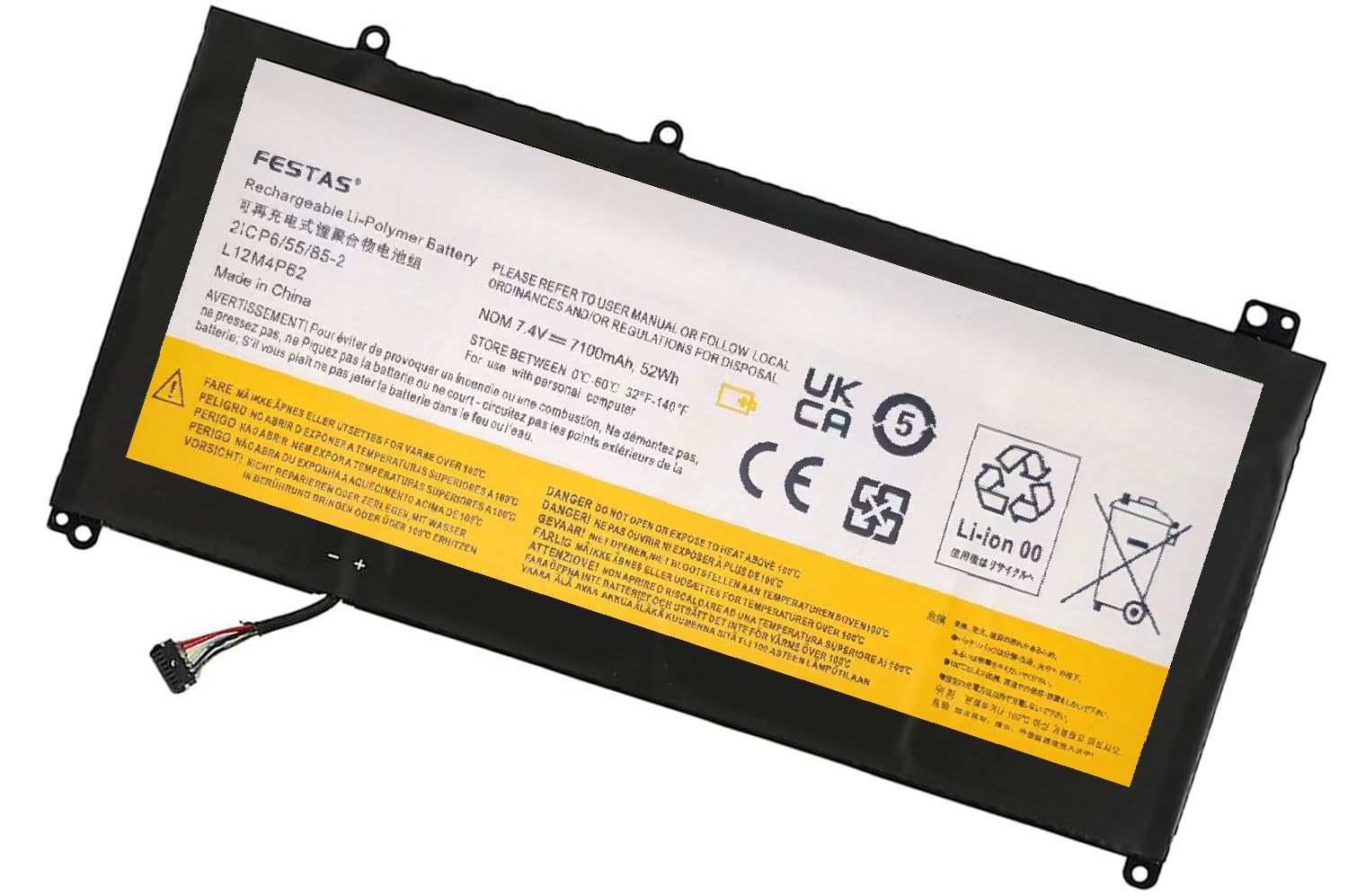 FESTAS 7,4 V, 7100 mAh, 52 Wh, langes Kabel L12L4P62 L12M4P62, Akku, kompatibel mit Lenovo Ideapad U430 U530 Touch Series L11L6P61 L11M3P62 2ICP6/55/85-2 3ICP8/60/60 Computer / Laptop