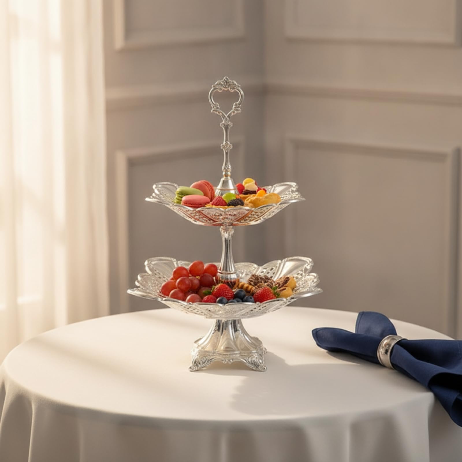 Servierschale mit Fuß versilbert Gebäckschale mit Fuß durchbrochen Servierschale Ständer für Gastgeber, Kaffeetafel, Tischdeko, Hochzeit, Silberne Zweistöckige Obstschale