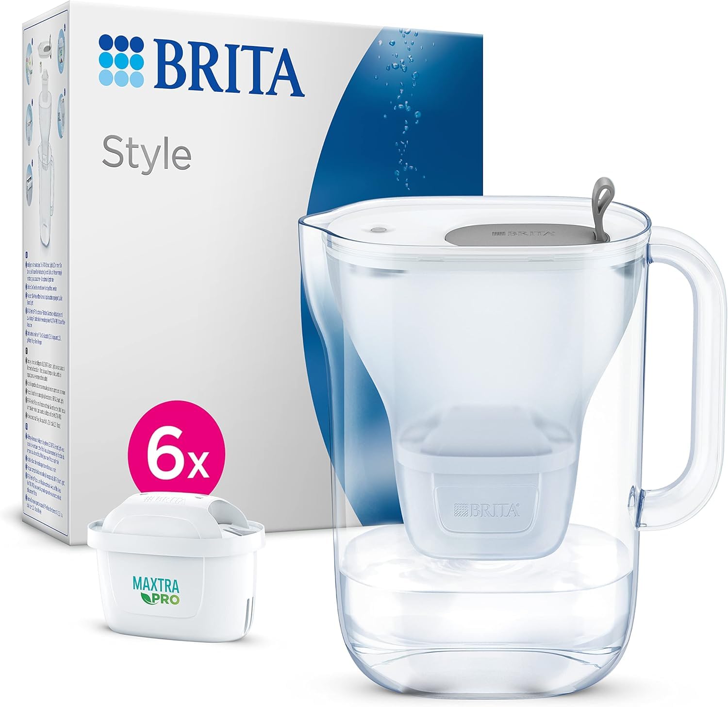 BRITA Style Water Filter Jug Grey (2.4L) Half Year Pack incl. 6x MAXTRA PRO Pure Performance - fridge-fitting design jug with smart LED-LTI and Flip-Lid - now in sustainable Smart Box packaging — image 1