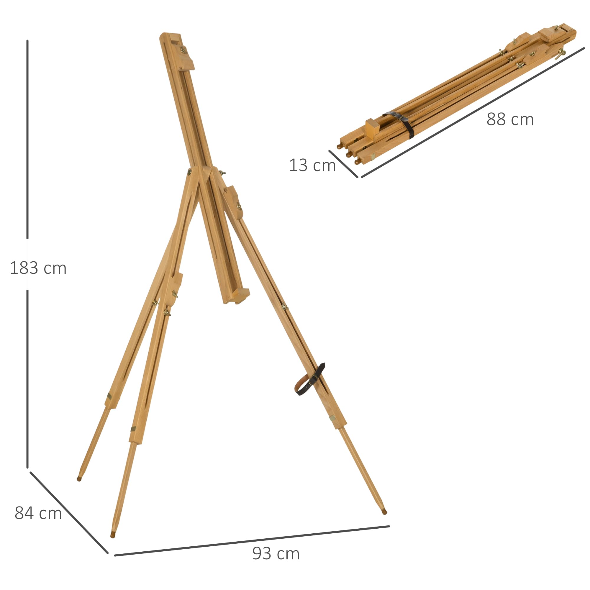 Vinsetto Cavalletto per Pittura Pieghevole in Legno di Faggio, Cavalletto Dipingere con Angolazione e Altezza Regolabile, 93x84x183 cm, Color Legno