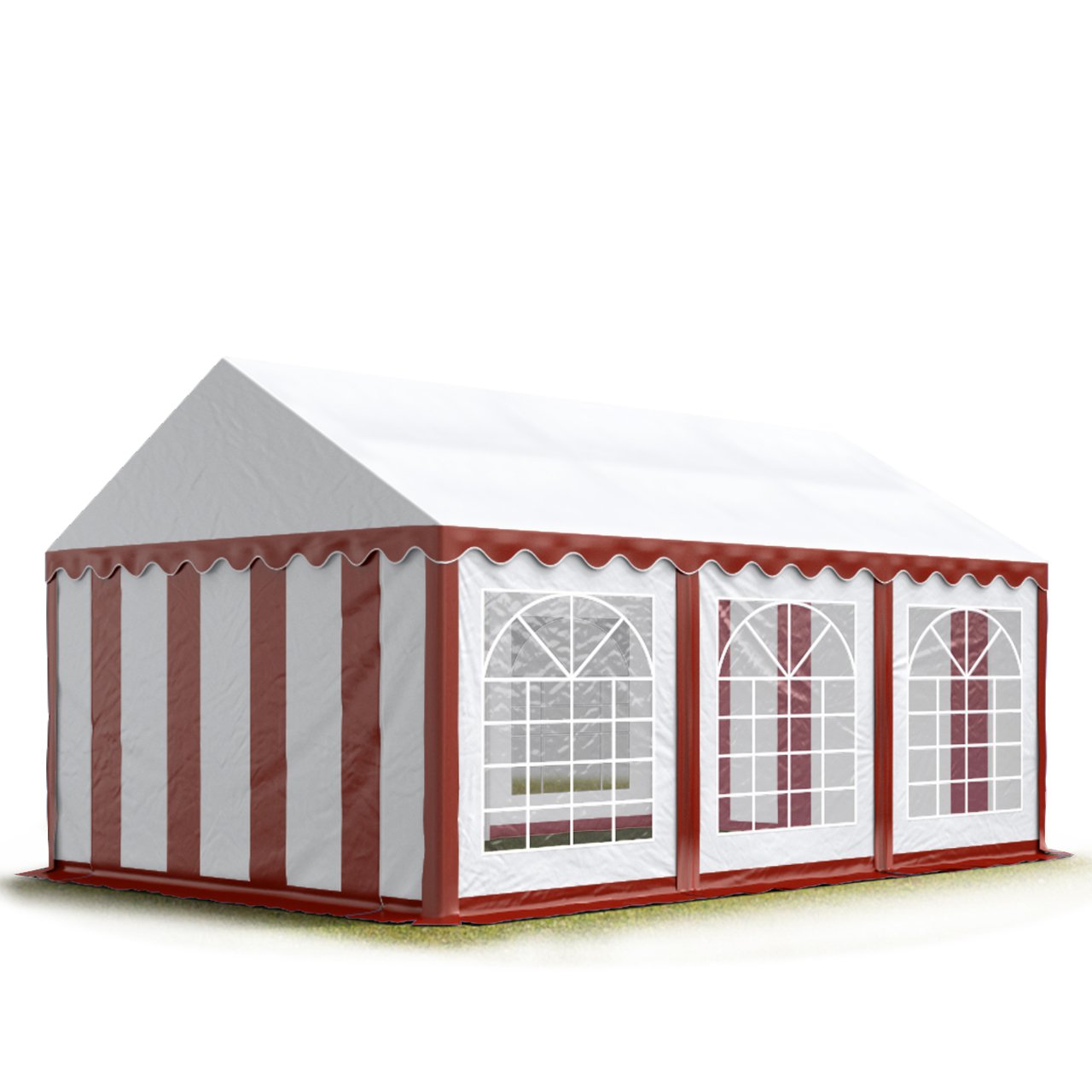 Assembled TOOLPORT 3x6m party tent in red and white on a grassy field