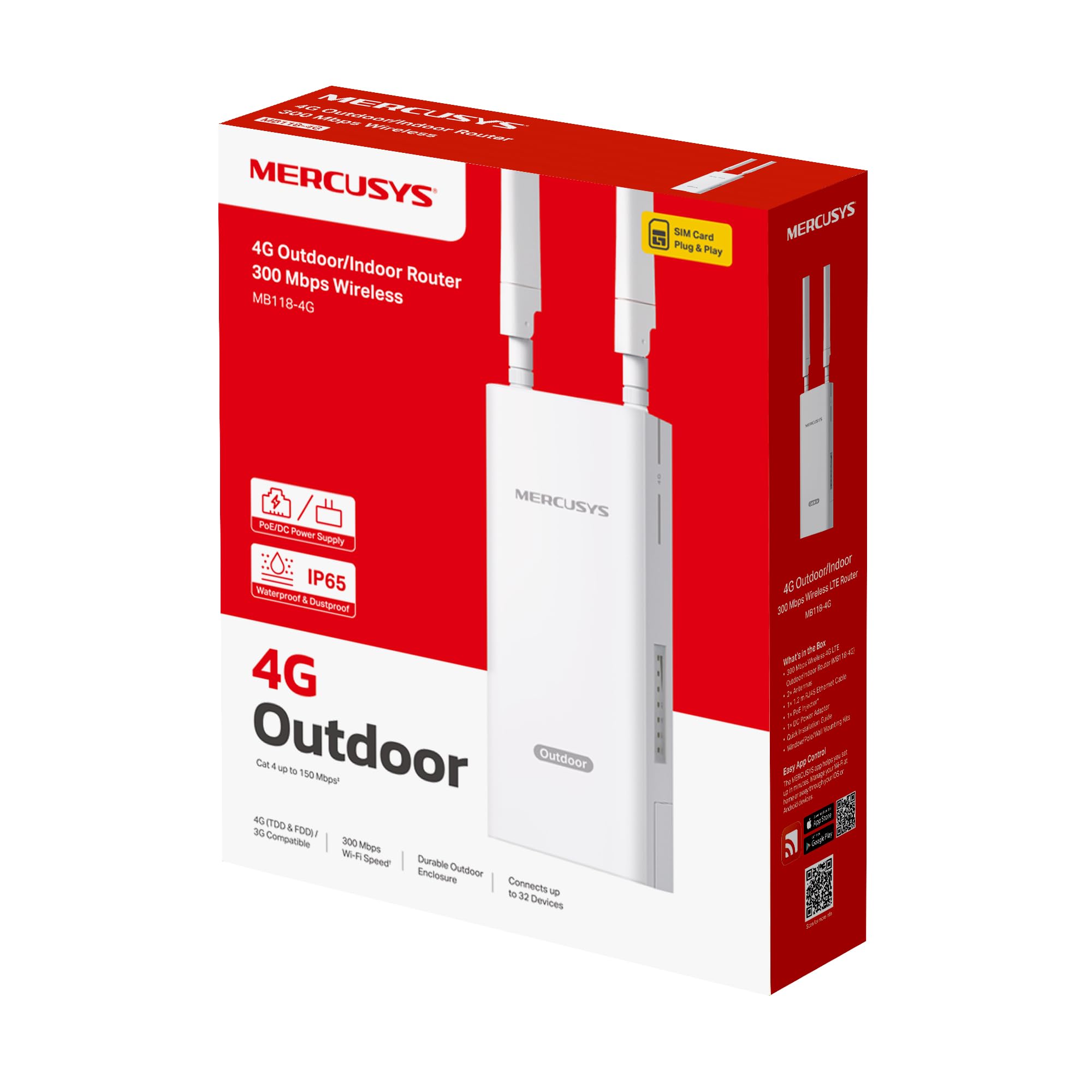 Mercusys MB118-4G Router 4G LTE Exterior/Interior, WiFi N 300 Mbps, hasta 150 Mbps con Tarjeta SIM, Resistente al Agua IP65, PoE, Ideal jardín, terraza o Zonas Rurales
