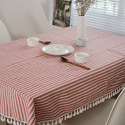 meioro Tablecloths Striped Tassel Table Cloth Rectangular Tablecloth Cotton Linen Table Cover Suitable for Home Kitchen Decoration (Red/White Stripes - Image 2