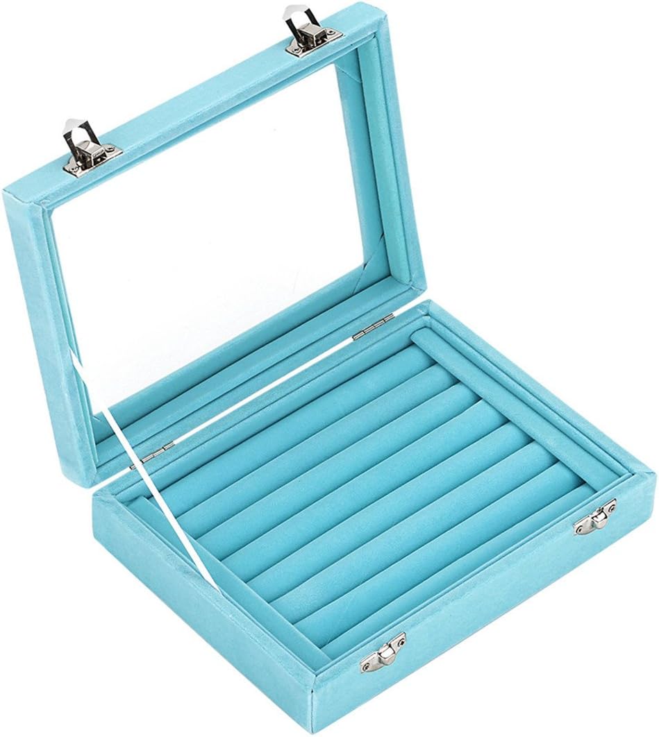 7 Slots Velvet Glass Ring Jewellery Display Storage Box Tray Case Holder Earring Organizer Stand Light Blue