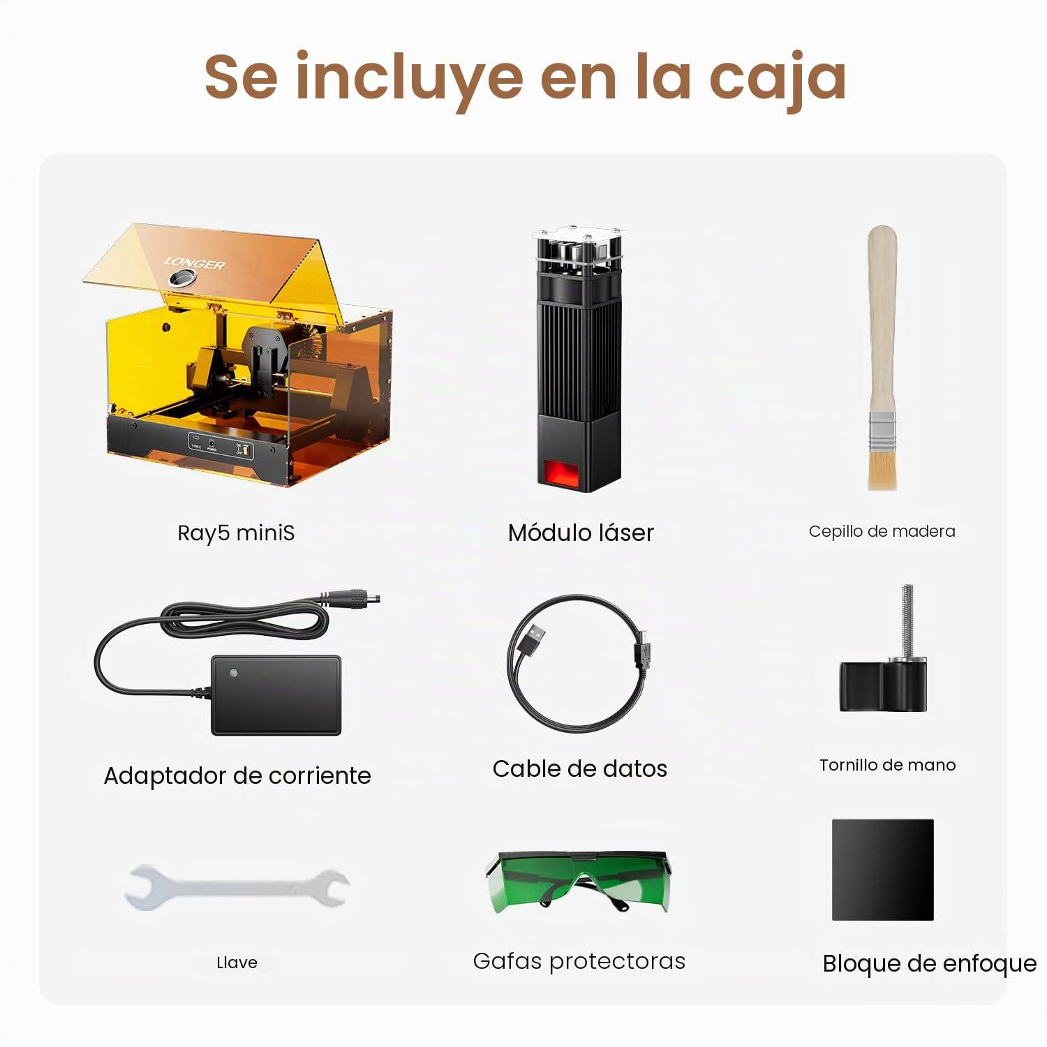 LONGER Ray5 miniS Grabador y Cortador Láser, CNC 10W Clase 1 con Carcasa de Seguridad, WiFi, Parada de Emergencia, para Madera, Metal, Acrílico y Cuero, Área de Trabajo de 130 × 120 mm