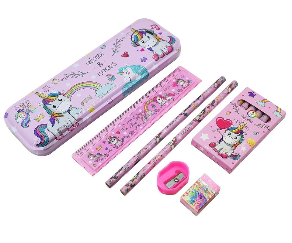 Image of Unicorn Stationary Kit with 1 Pencil Box Case 2 Pencils 6 Crayon Colors 2 Space Gel Pen 1 Ruler Scale Eraser Sharpener Kit for Kids (Character As Per Available)