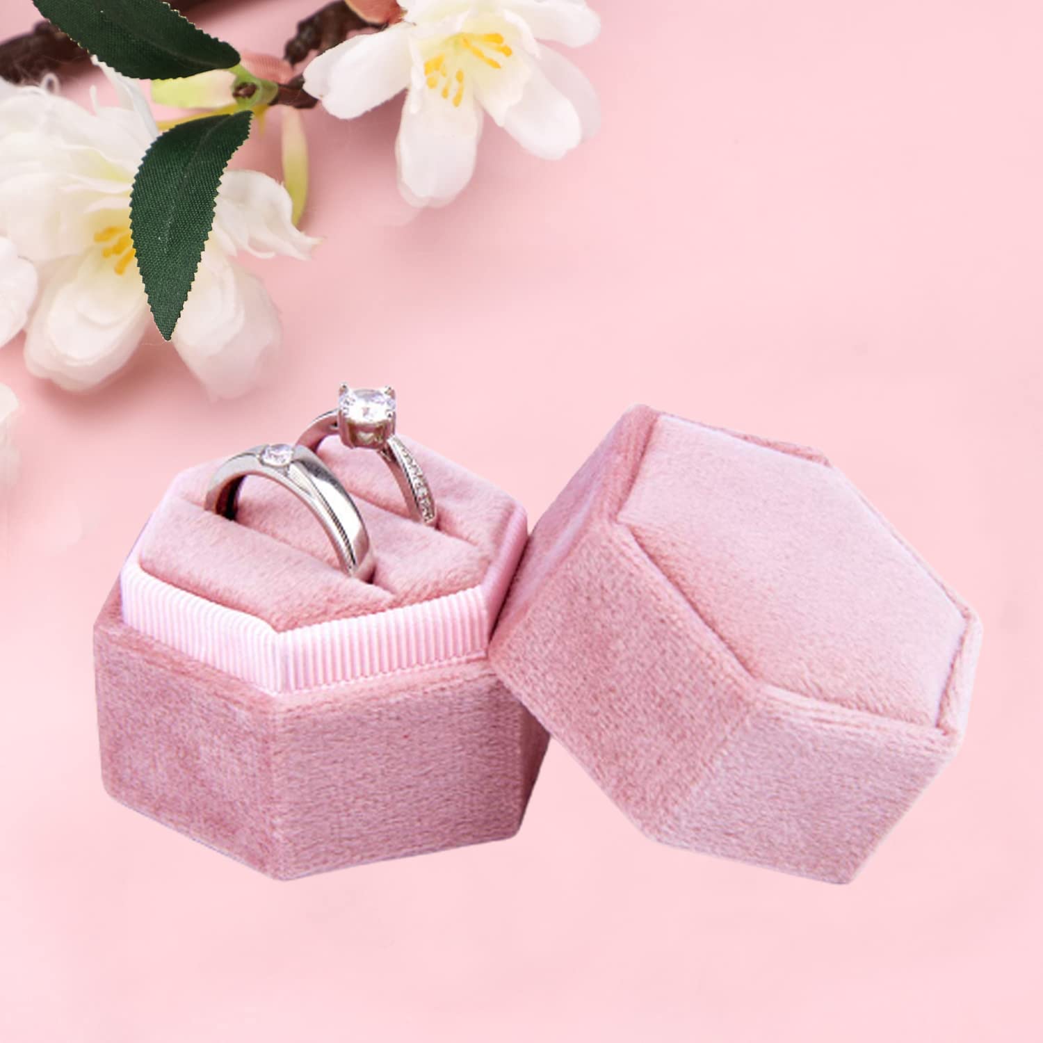 Sweet sevenSweet seven Hexagon Velvet Ring Box , Premium Gorgeous Vintage Double Ring Display, Gift Box with Detachable Lid for Proposal, Engagement, Wedding, Ceremony (Pink)