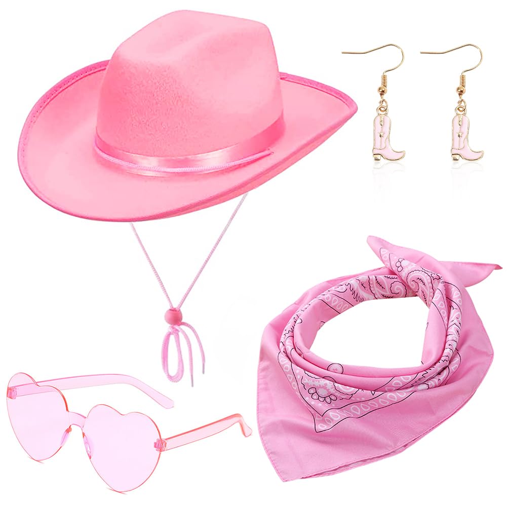 FCXVXCL Felt Cowboy Hat, 4PCS Wide Brim Cowgirl Hats with Scarf, Heart Glasses, Earrings - Cowboy Theme Party Costume Accessory for Cosplay, Bachelorette Party