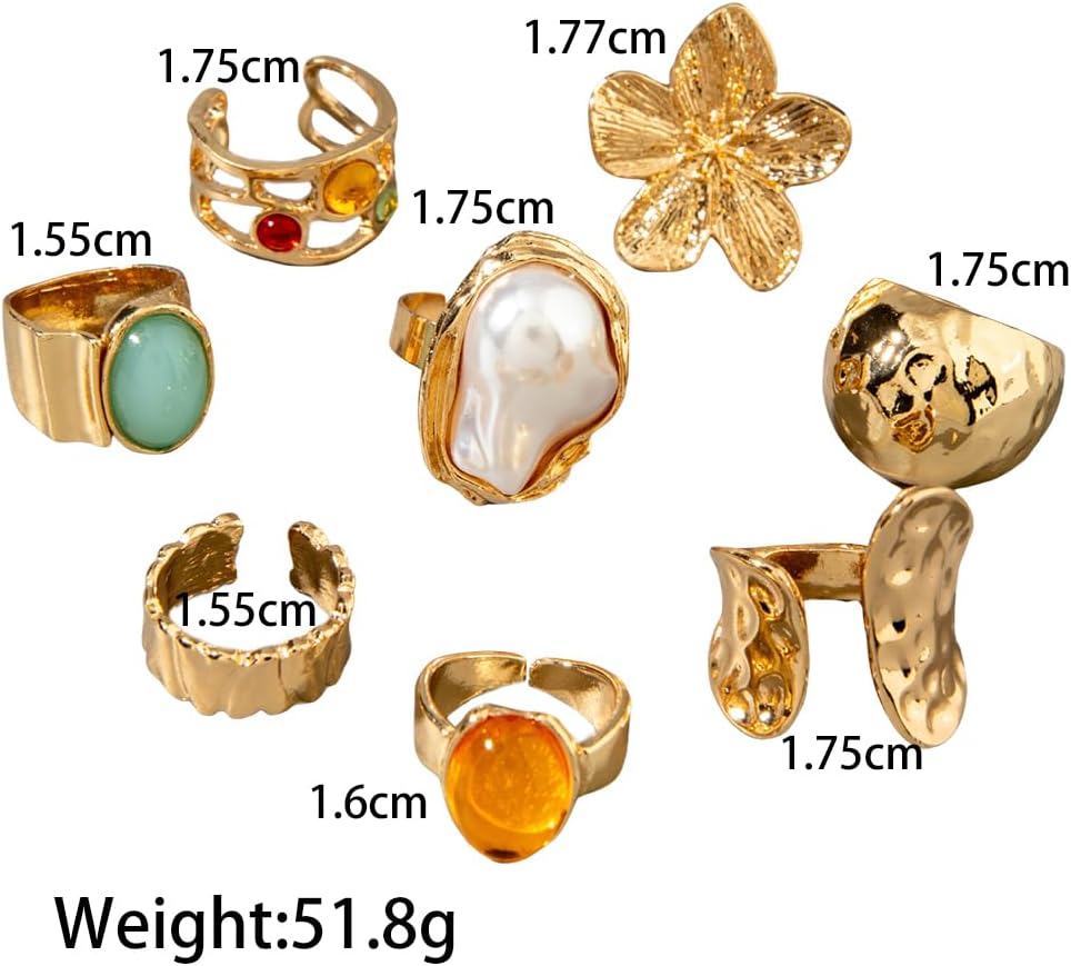 Chunky Gold Stackable Statement Rings Set for Women Crystal Flower Pearl Open Finger Rings Trendy Party Prom Birthday Stacking Jewelry - Image 7
