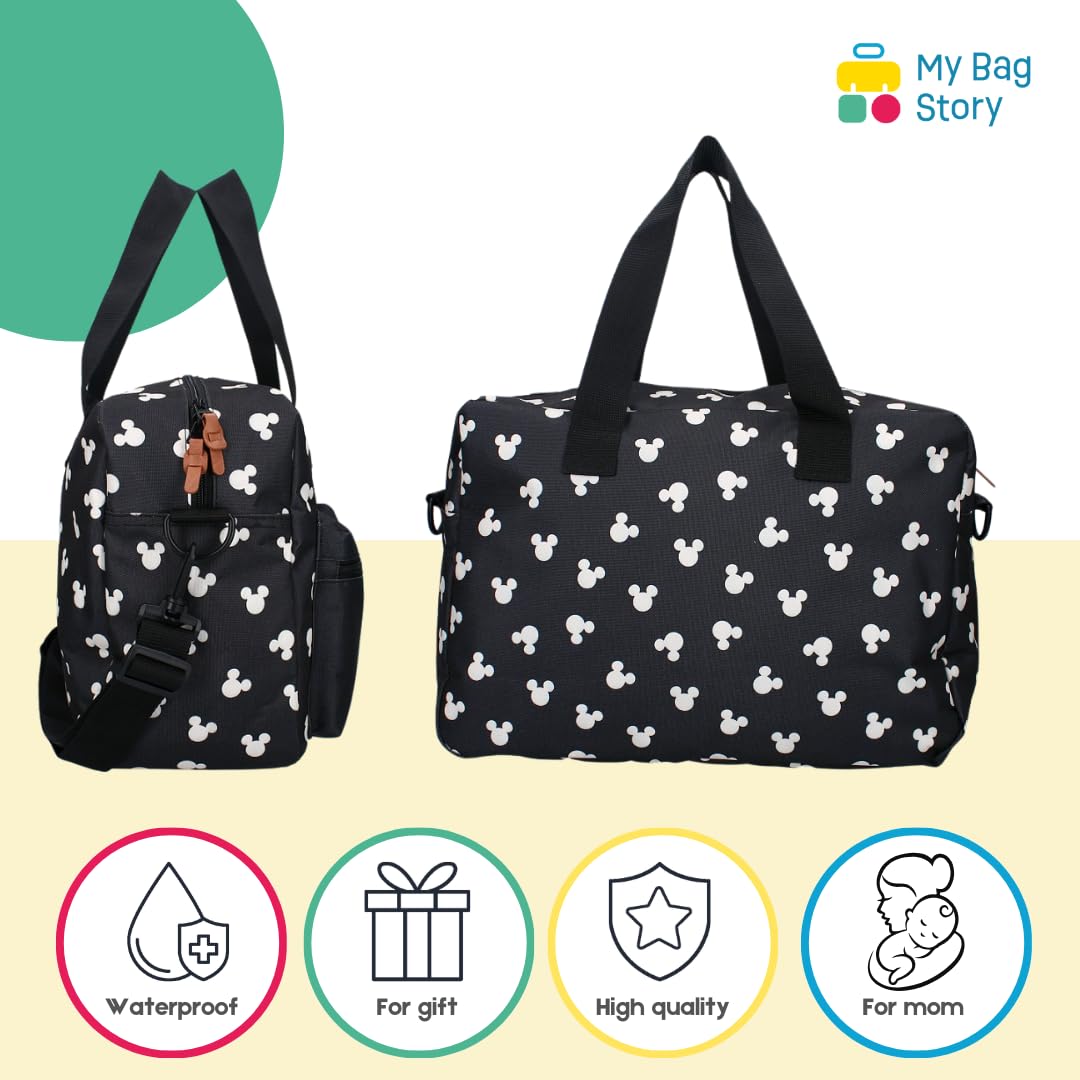 mybagstory - Bolso cambiador de gran capacidad con cambiador (40 cm), diseño de mickey mouse, color negro, Mickey Mouse - Negro, 40 cm x 28 cm x 16 cm