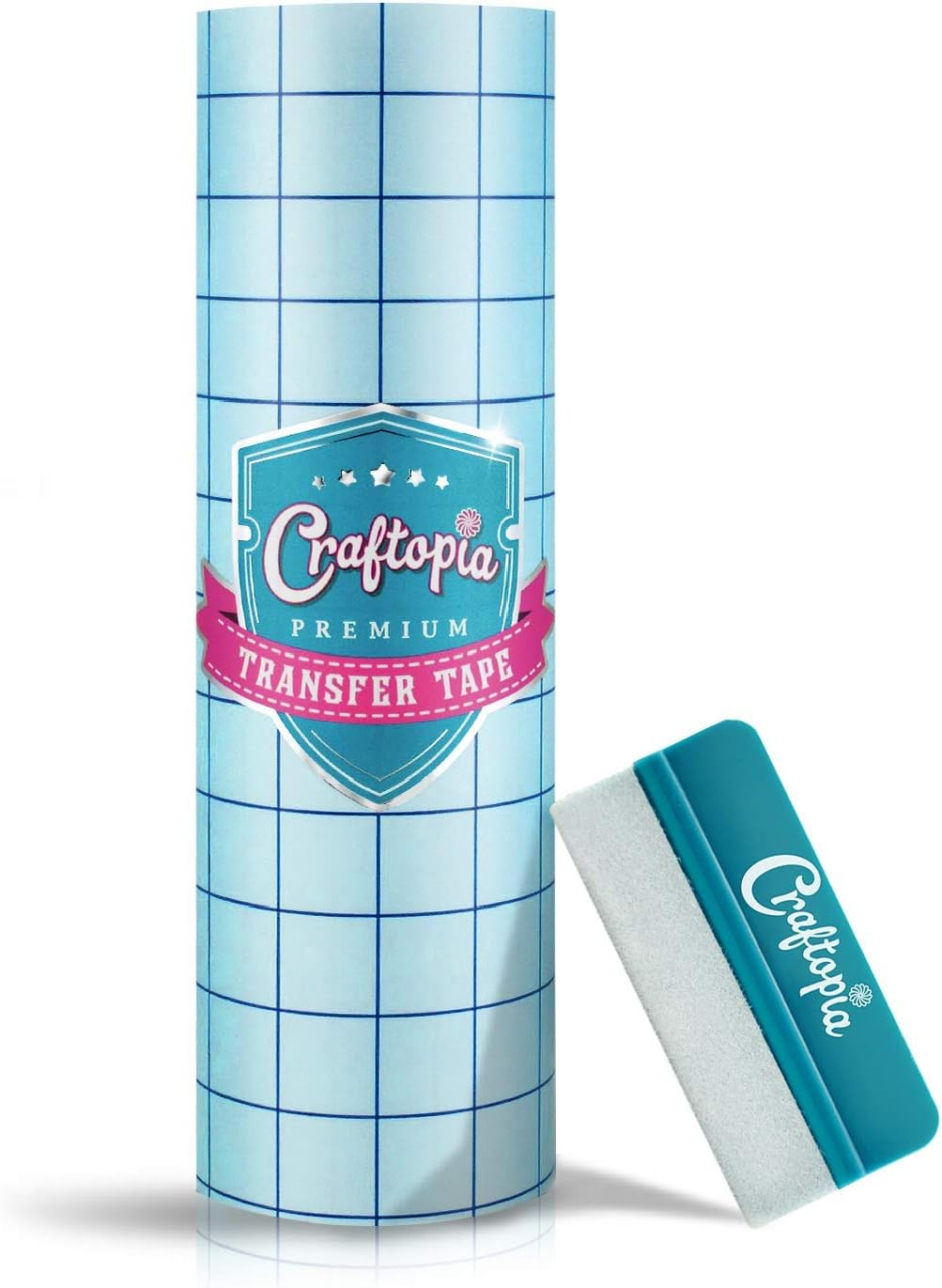 Craftopia transfer paper tape roll 12 inch x 25 feet clear with blue alignment grid, 8 bonus feet perfect for cricut cameo self adhesive vinyl for signs stickers decals walls doors windows