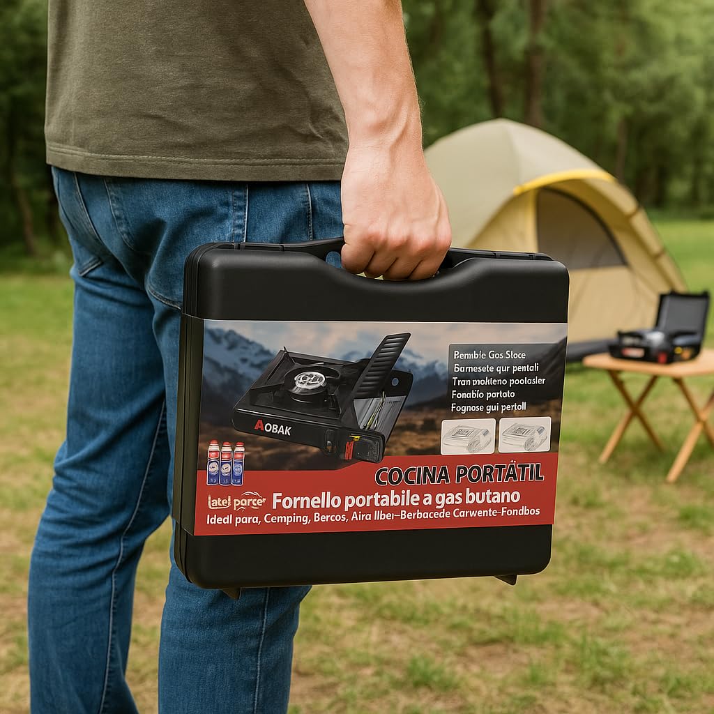 Cocina de Gas Portátil Butano con Encendido Piezoeléctrico y Estuche Incluye 3 Cartuchos Ideal para Camping Emergencias Picnic 2kW de Potencia