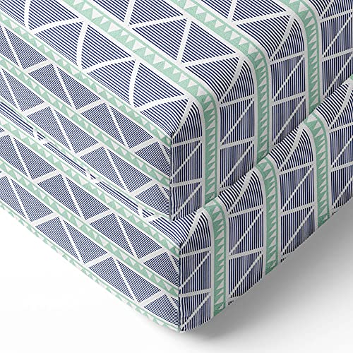Bacati - 2 Pack Tribal/Aztec/Triangles Silky Soft Breathable 100% Cotton Muslin Baby Crib Fitted Sheets - Fits Standard 28 x 52 x 5 Crib & Toddler Mattresses (Mint/Navy Large Triangles)