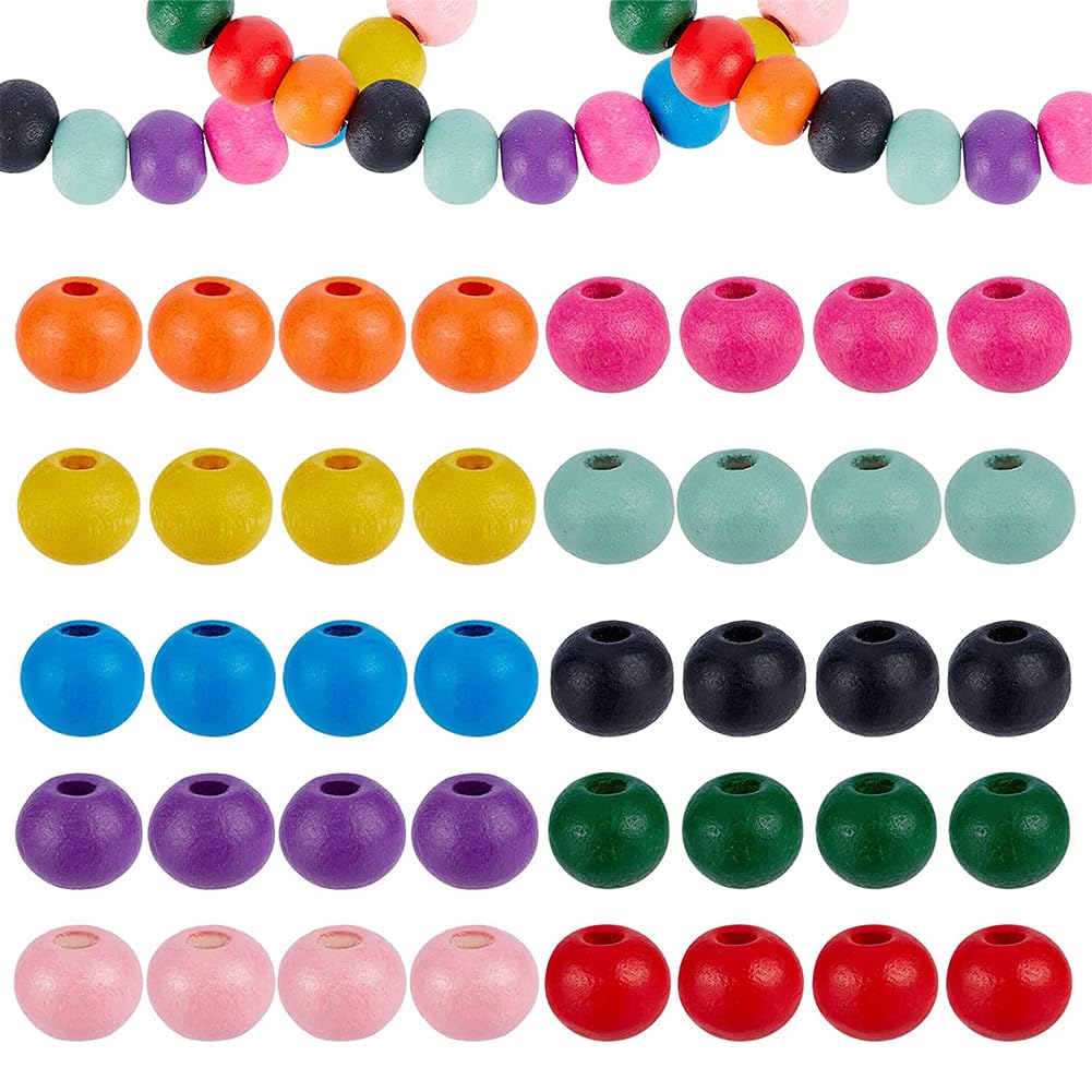 PandaHall 約380~400個/箱 木製のビーズ 7mm 10色セット ウッドビーズ 染め エコ顔料 カラフル 丸型 ジュエリー用 ネックレス DIY パーツ 混合色