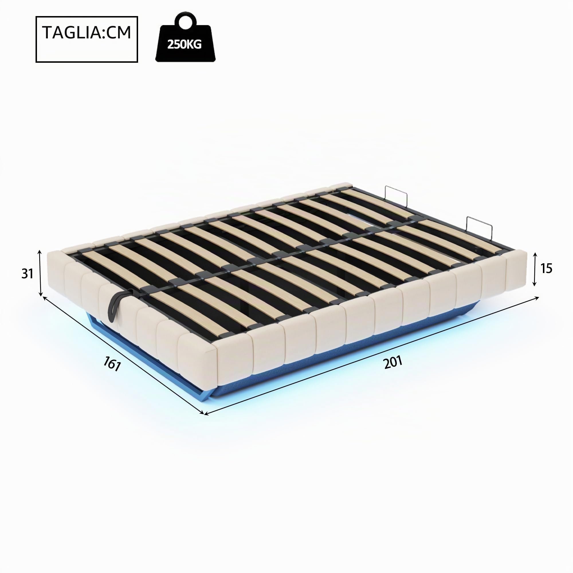 Letto matrimoniale imbottito, 160 x 200 cm, letto a molle con cassetta, con illuminazione a LED, telaio del letto con spazio di archiviazione, telaio del letto senza testiera, senza materasso