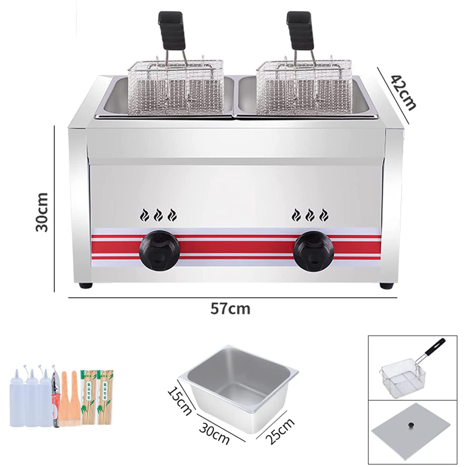 Friggitrice Commerciale Doppio Cilindro 10L+10L con Cestini e Coperchi, Friggitrice Professionale a Gas GPL per Ristorante Cucina Casa