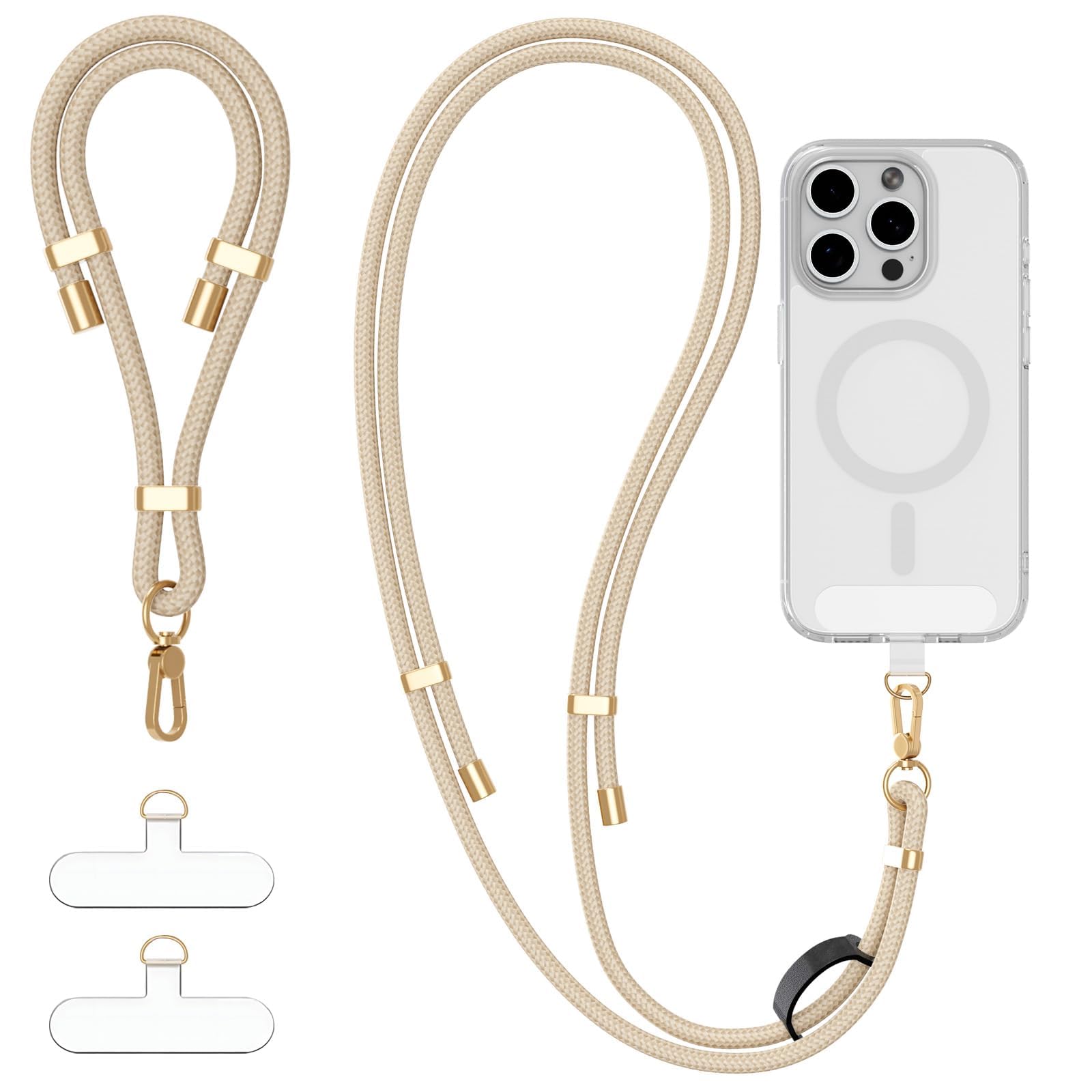 4-in-1 phone lanyard + wrist strap kit with 2 pack tabs, universal adjustable phone strap crossbody, anti-theft neck lanyard for iphone 17 pro max and most smartphones, beige