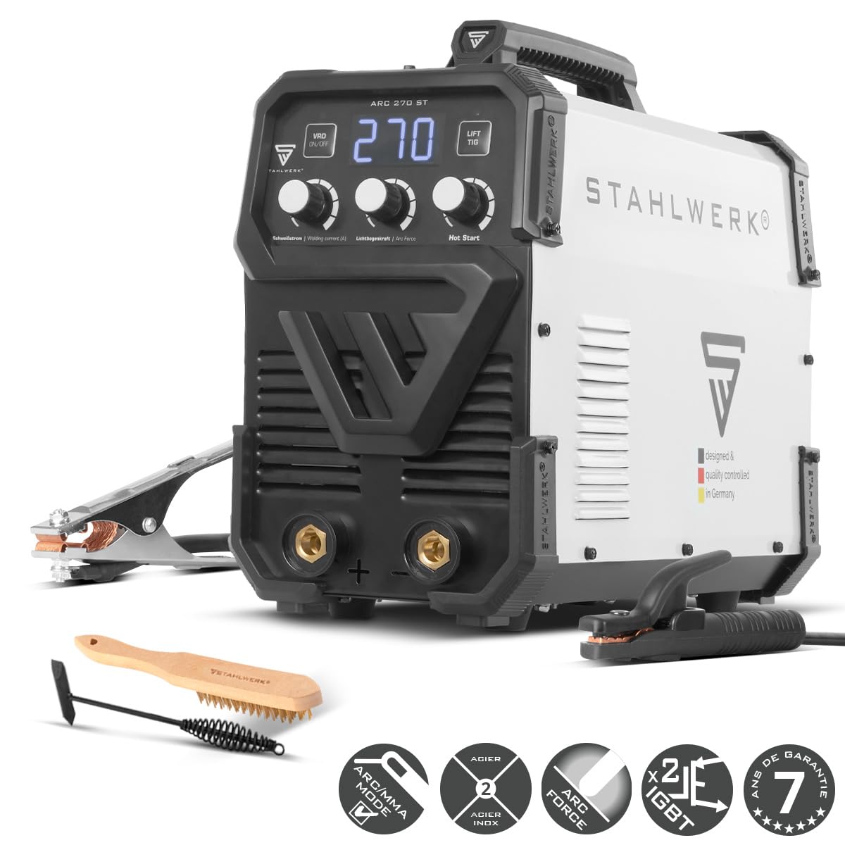 STAHLWERK Poste à souder à l'électrode ARC-270 ST – MMA jusqu'à 270 A, soudage sans gaz, Inverter Lift-TIG 400 V, protection surchauffe, Smart Cooling & contrôle de température intelligent (Blanc 1)