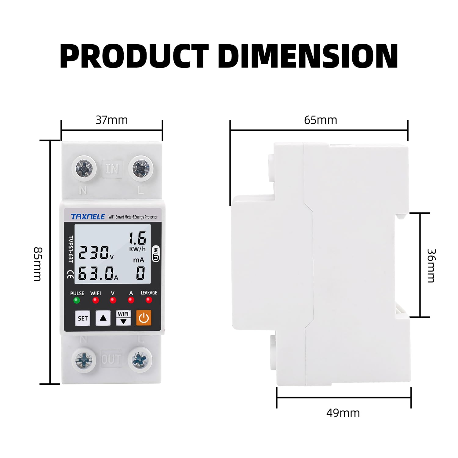 Compteur d'énergie Intelligent WiFi AC 63A 80-300V Fuite Terre Intelligente sur sous Tension Protecteur Relais Dispositif Interrupteur disjoncteur énergie Puissance kWh mètre Smart Life 230V (BLACK)