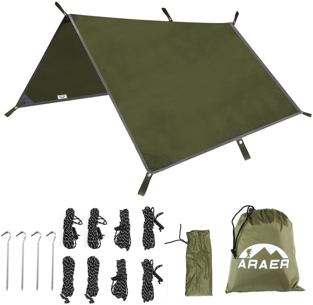 Camping Tent Tarps Waterproof Windproof Snowproof Hammock Rain Fly Shelter Ripstop Sunshade with 4 Stakes and 8 Ropes Carrying Bag, Portable Lightweight Anti UV for Outdoor Travel Picnic, 114" x 114"/9.5ftx9.5ft