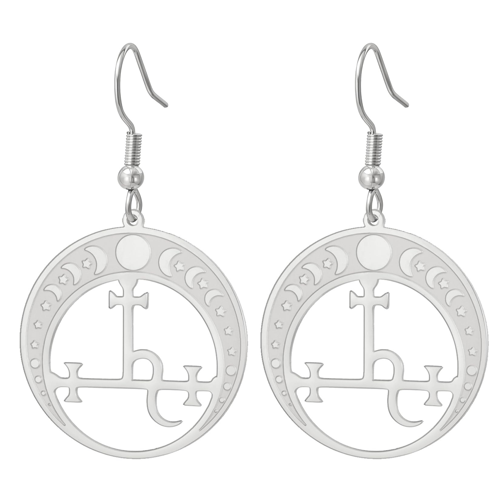 Orecchini a penzoloni Lucifero Orecchini in acciaio inox a forma di simbolo satanico Orecchini Vintage Leviathan Croce Borchie Chiesa Gioielli Wiccan Gioielli religiosi per le donne Ragazze (Argent