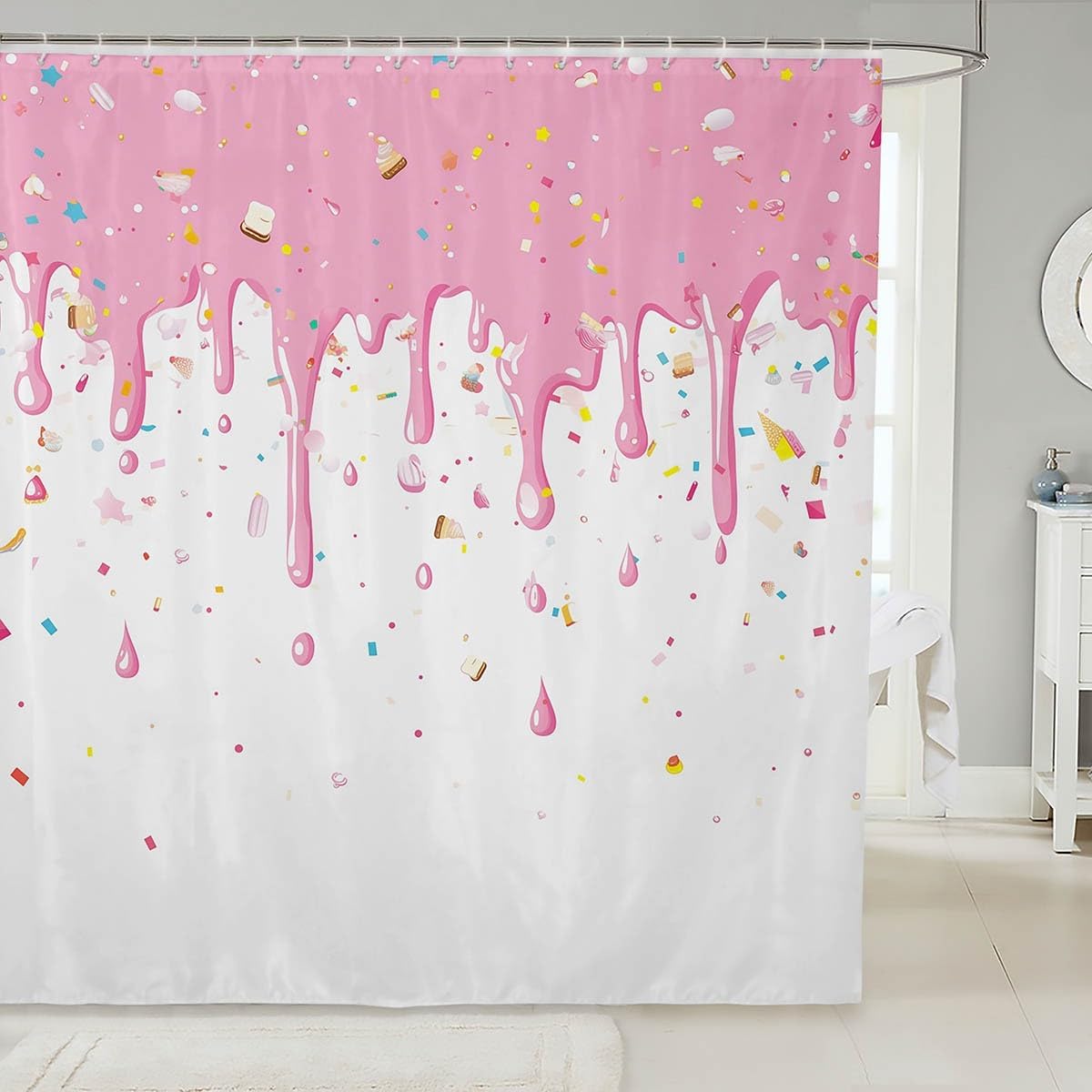 Feelyou Ice Cream Fabric Shower Curtain White Pink Cream Shower Curtain for Kids Boys Girls Colorful Candy Bathroom Waterproof Accessories with 12 Hooks Children Desserts Curtains,72x78 Inches