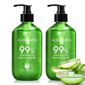 Aloderma Aloe Vera Gel Made within 12 Hours of Harvest with 99% Pure Organic Aloe Vera - Pump Bottle - Ideal for Face and Body, Soothing & Hydrating Sunburn Relief, Great for Scalp & Hair - 2 x 10.6oz