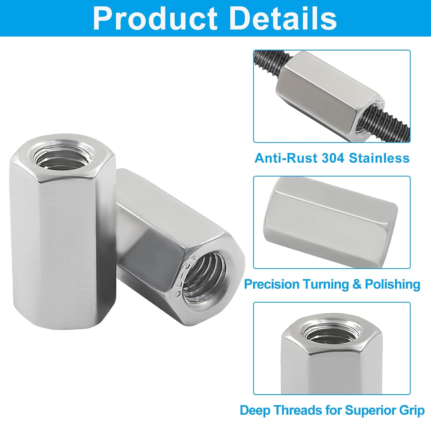 M8 1.25-Pitch Hex Coupling Nut, 24mm, 6 Pack