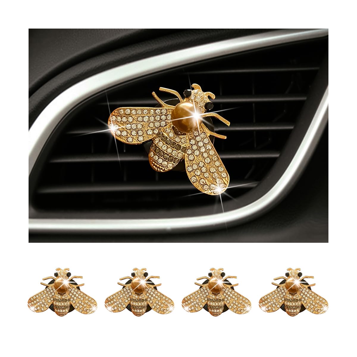 BESULEN 2 Pcs Bling Bee Air Vent Clips, Crystal Bee Car Air Conditioning Outlet Clip, Rhinestone Diamond Bee Auto Interior Decoration, Universal Vehicle Diffuser Vent Decors for Women (Style A)