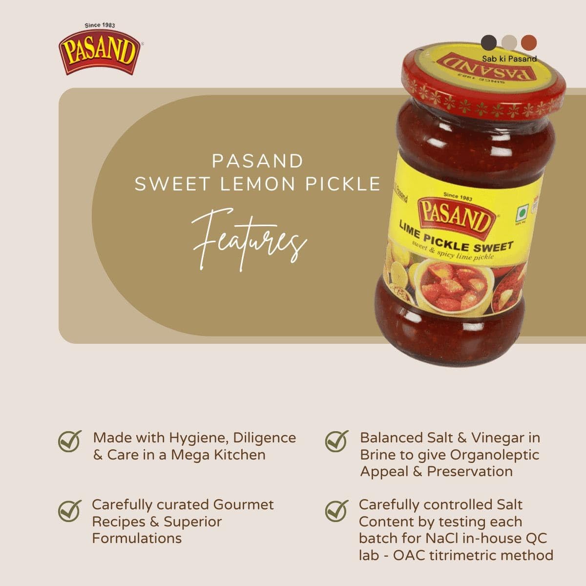PASAND Lemon Pickle 340g | Homemade recipe | sweet & spicy | Tangy, Sweet & Spicy Nimbu Ka Achar | Traditional Khatta Meetha Lime Pickle | Authentic Indian Pickle in Glass Jar 2