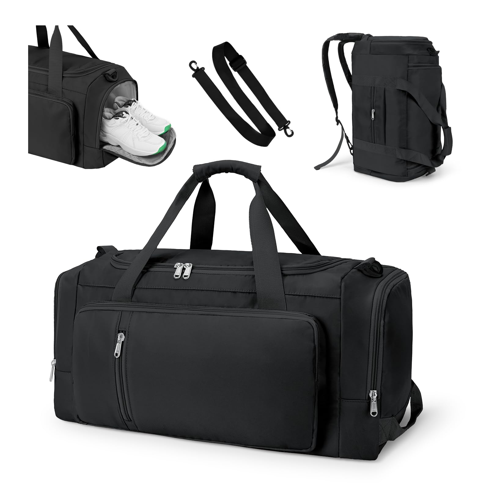Sports Gym Bag Duffle Bag with Shoes Compartment for Womens Mens, CS COSDDI Weekend Travel Bag Overnight Bag with Wet Pocket, Luggage Bag Hospital Bag Holdall Bags with Shoulder Strap Backpack (Black)
